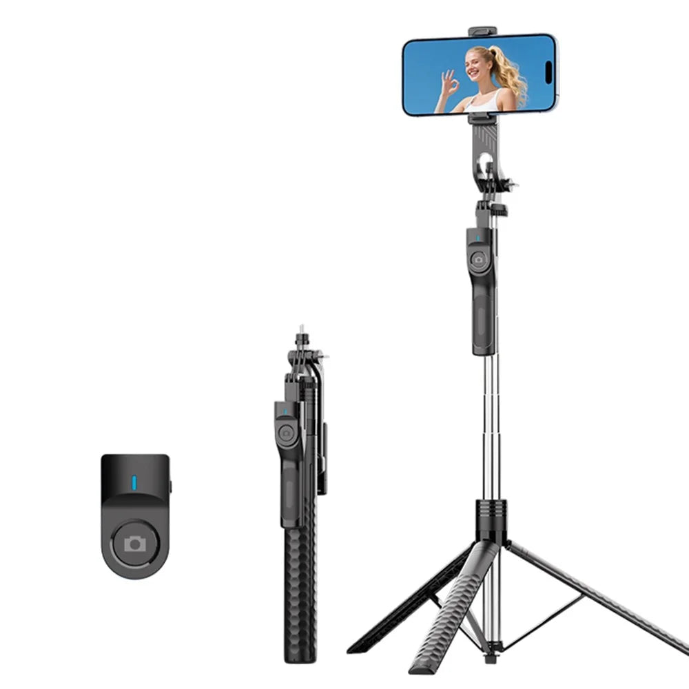 K50 Single Phone Clip Bluetooth-Compatible Selfie Stick Tripod 1.9m Extendable Live Streaming Floor Stand - Black - 1