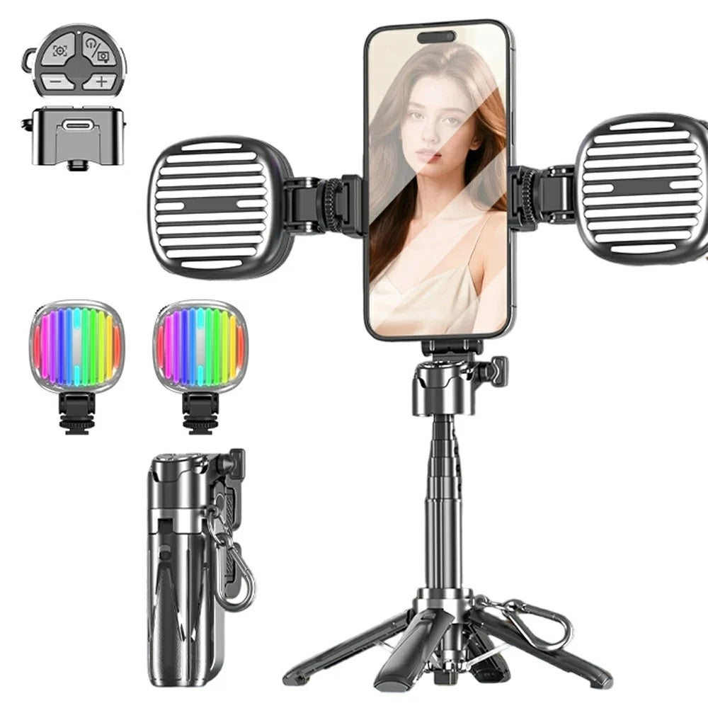 P15-Y Mini Selfie Stick with Dual G Pocket Lights / Remote Control, Portable Extendable Phone Tripod Stand - Black - 1