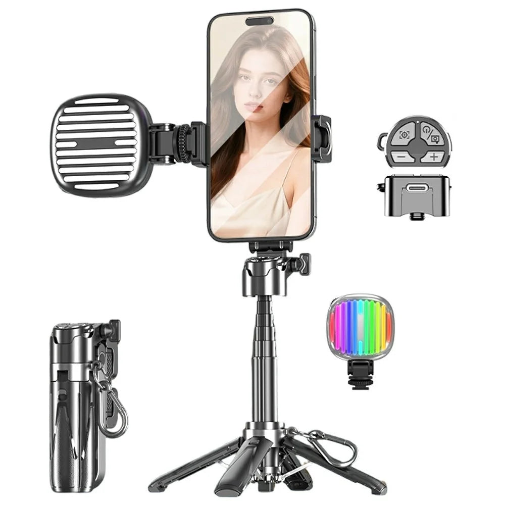 P15-Y Mini Selfie Stick with Single G Pocket Lights / Remote Control, Portable Extendable Phone Tripod Stand - Black - 1