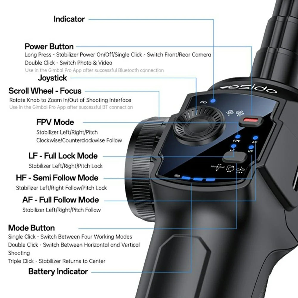 YESIDO SF32-PRO Smartphone Gimbal Stabilizer Bluetooth-Compatible Tripod Stand 3-Axis AI Tracking for Vlogging / Live Streaming / Video Recording - Black - 7