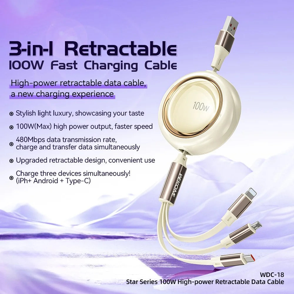 WEKOME WDC-18 Star Series 1.2m 3-in-1 Retractable 100W Fast Charging Cable Date Cord - Purple - 7