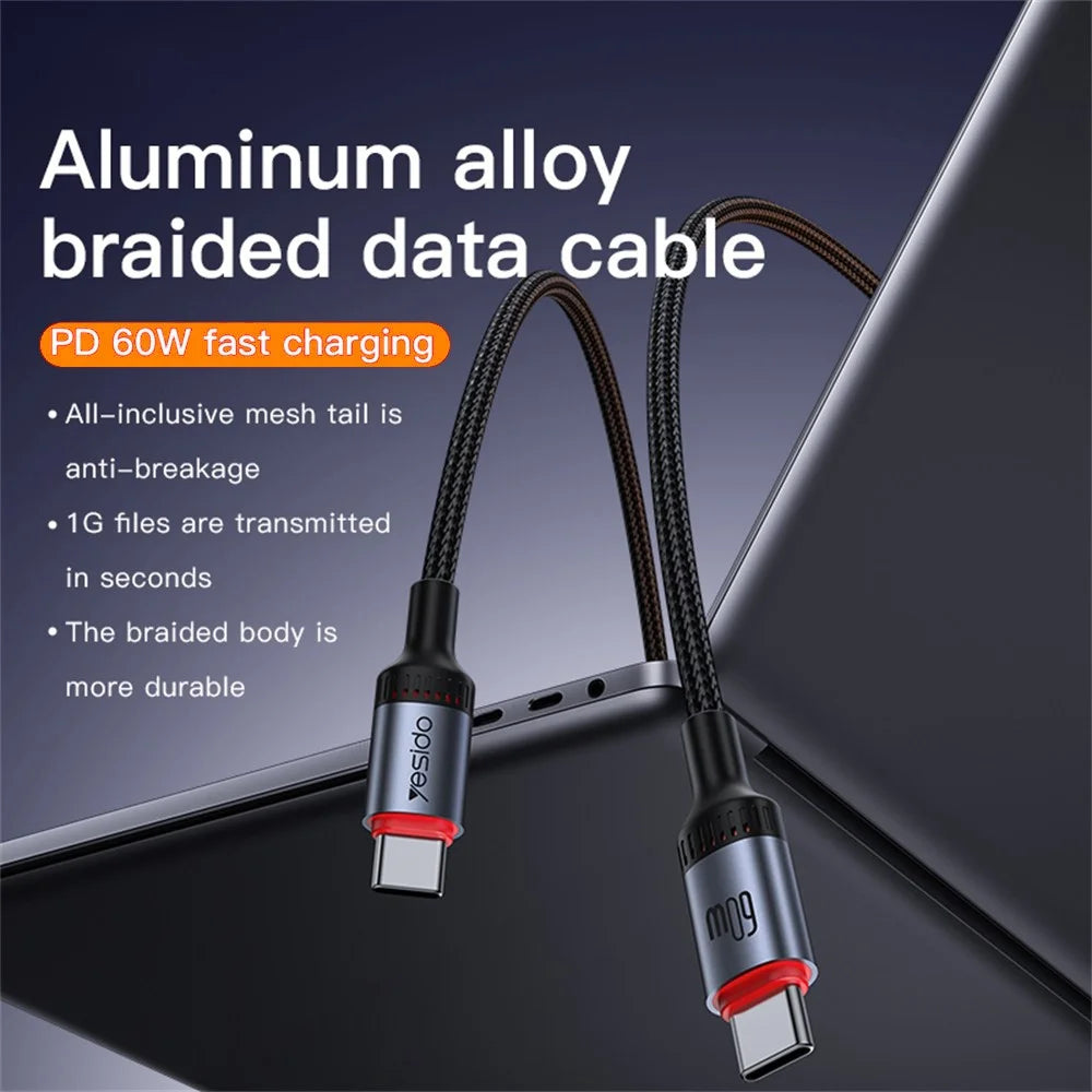 YESIDO CA183 USB C to C Cable 60W Fast Charging 2M / 6.6FT Aluminum Alloy Braided Data Sync Cord - 2