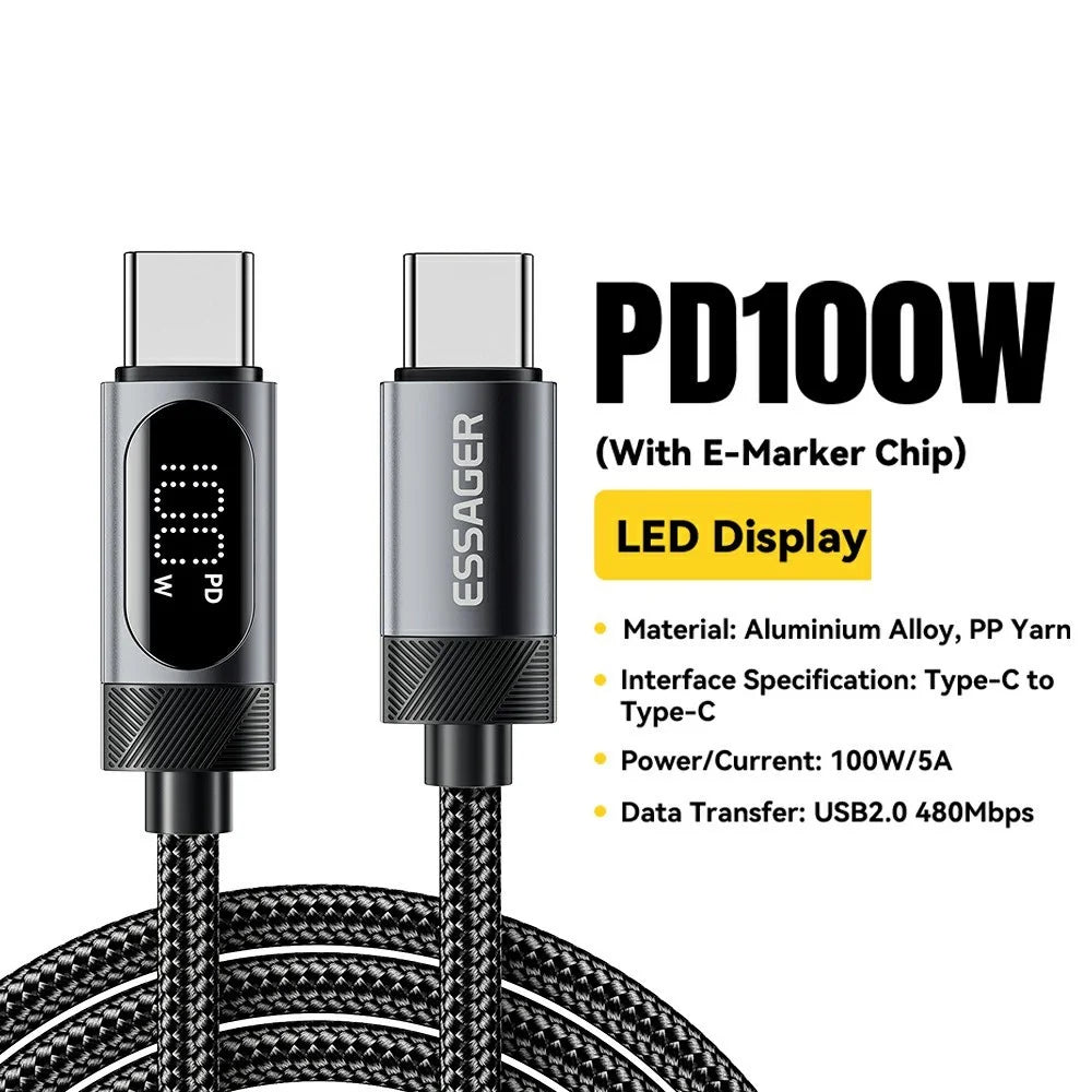 ESSAGER 1m USB C to USB C Cable 100W Digital Display Fast Charging Data Sync Cord - 2
