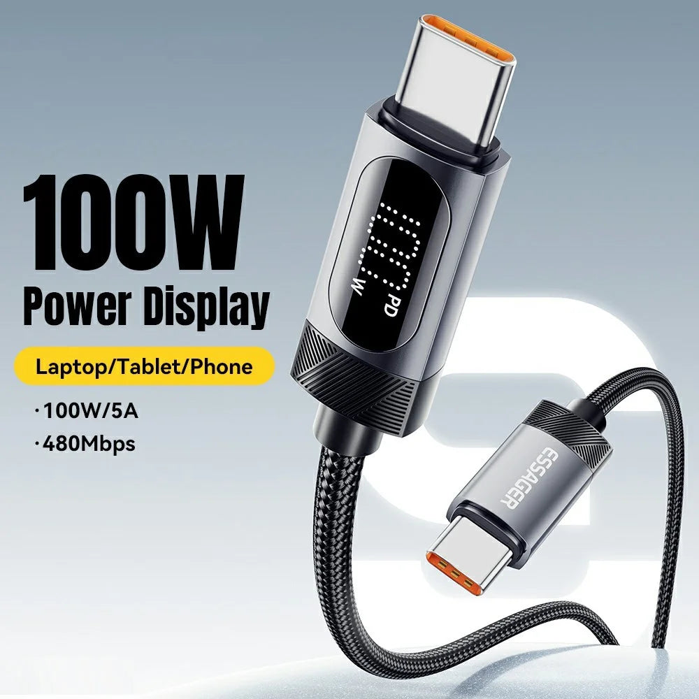 ESSAGER 1m USB C to USB C Cable 100W Digital Display Fast Charging Data Sync Cord - 3