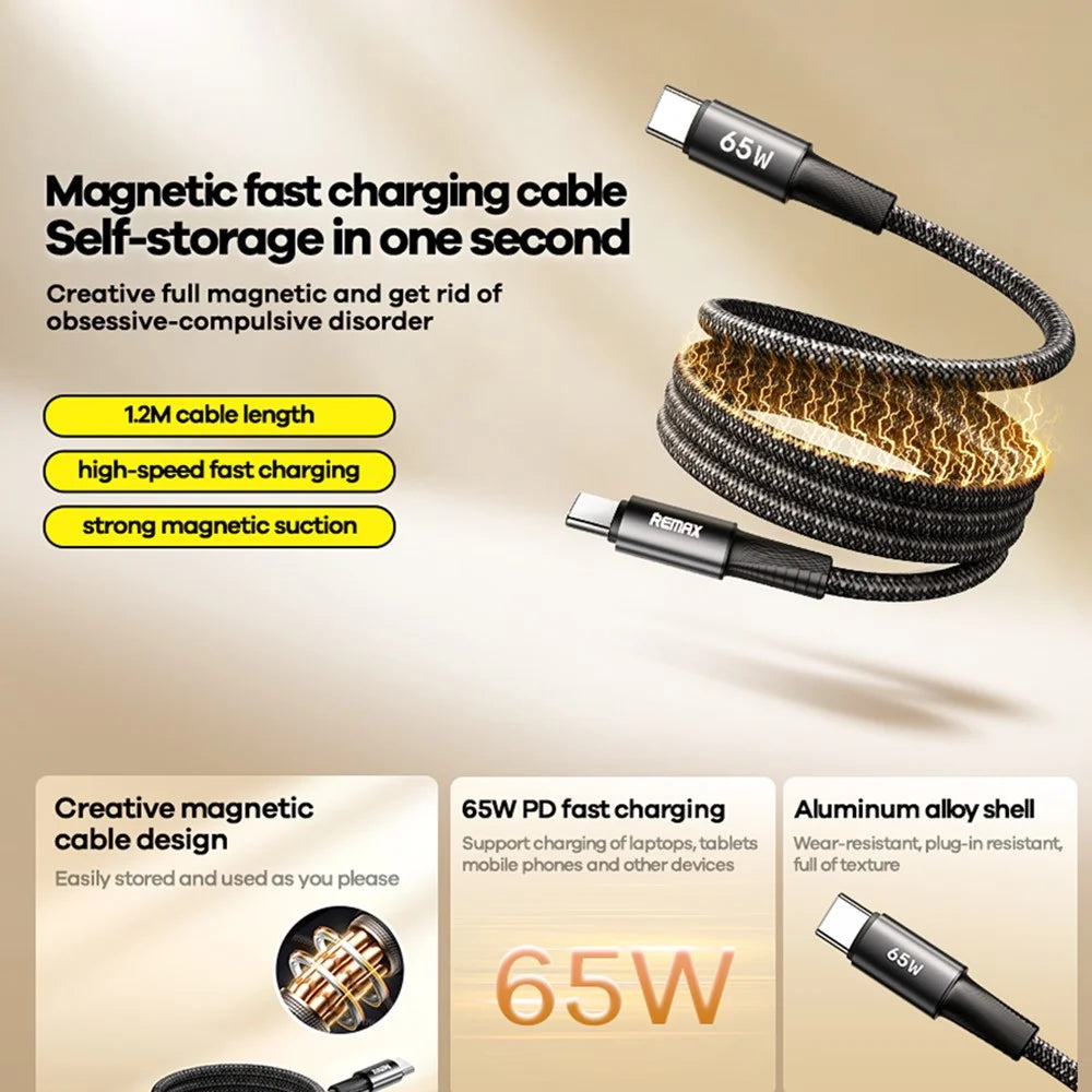 REMAX CB07 65W Magnetic USB-C Cable Braided Aluminum Alloy Fast Charging Cord 1.2M for Laptop / Tablet / Phone - 2