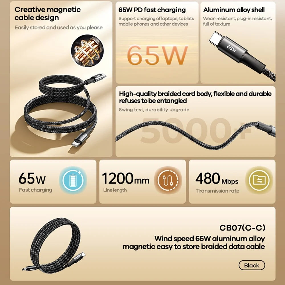 REMAX CB07 65W Magnetic USB-C Cable Braided Aluminum Alloy Fast Charging Cord 1.2M for Laptop / Tablet / Phone - 3