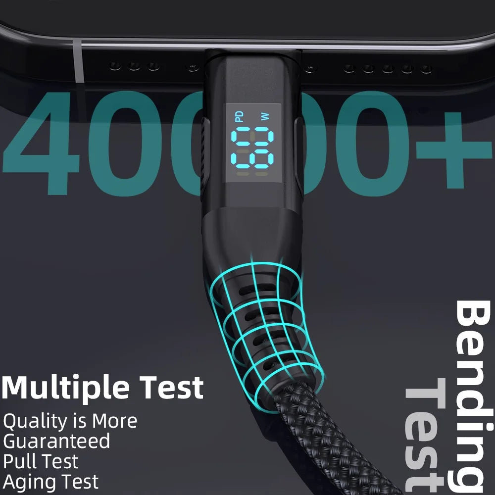 1m USB-C to USB-C Cable Digital Display 3A / 20V 60W Fast Charging Braided Data Cord for Smartphones Tablets - Black - 6