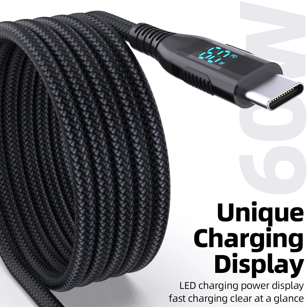 2m USB-C to USB-C Cable Digital Display 3A / 20V 60W Fast Charging Braided Data Cord for Smartphones Tablets - Black - 3