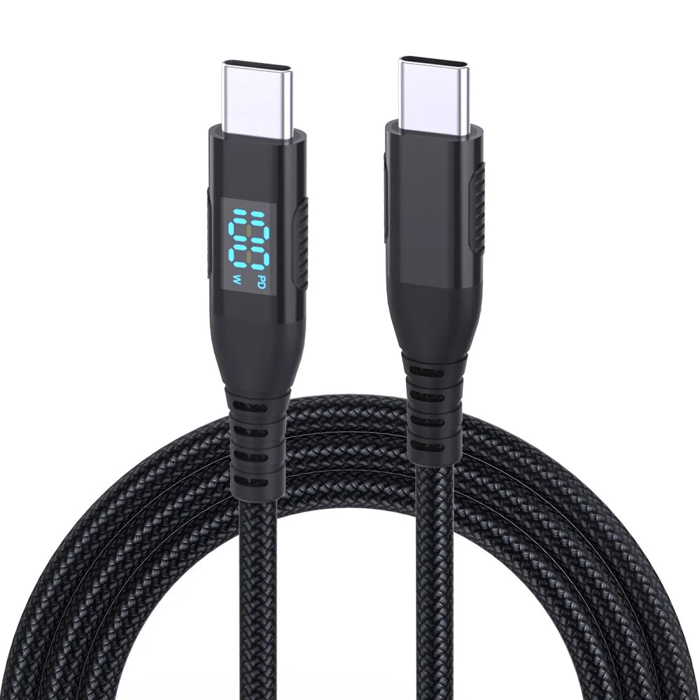 1m USB-C to USB-C Cable 100W 5A / 20V Nylon Braided Phone Tablet Fast Charging Digital Display Cord - Black - 1