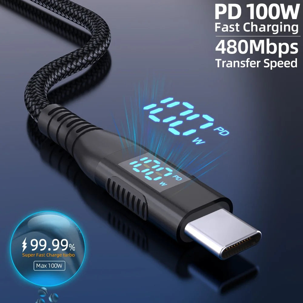 1m USB-C to USB-C Cable 100W 5A / 20V Nylon Braided Phone Tablet Fast Charging Digital Display Cord - Black - 2