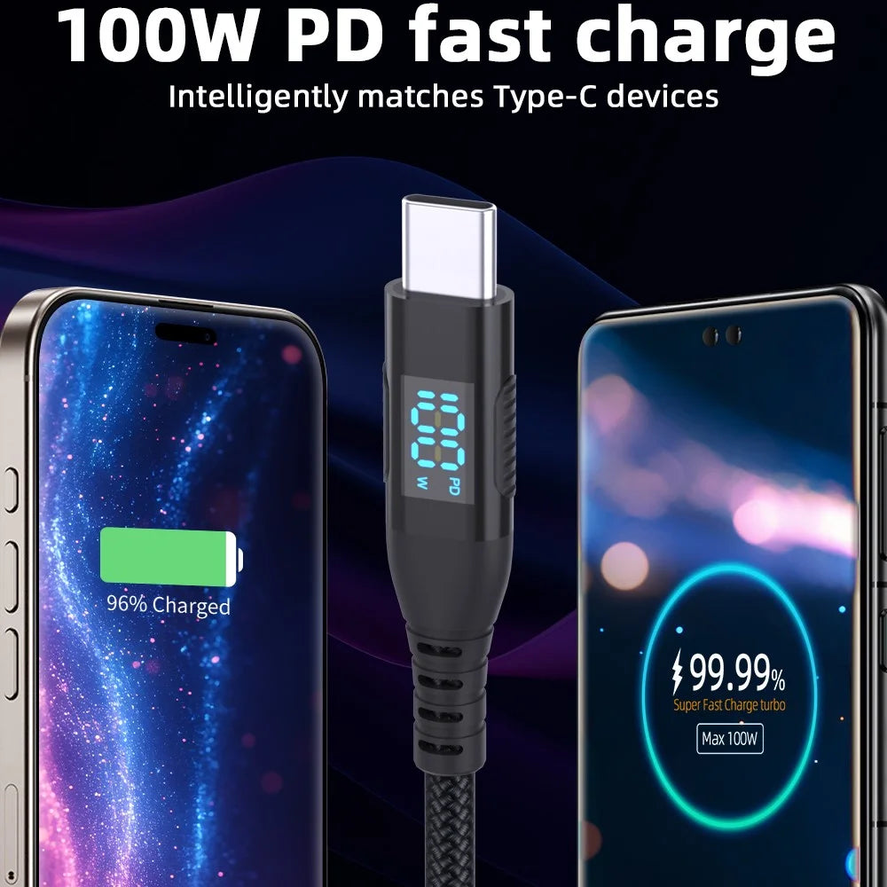 1m USB-C to USB-C Cable 100W 5A / 20V Nylon Braided Phone Tablet Fast Charging Digital Display Cord - Black - 3