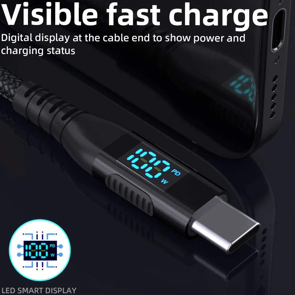 2m USB-C to USB-C Cable 100W 5A / 20V Nylon Braided Phone Tablet Fast Charging Digital Display Cord - Black - 4