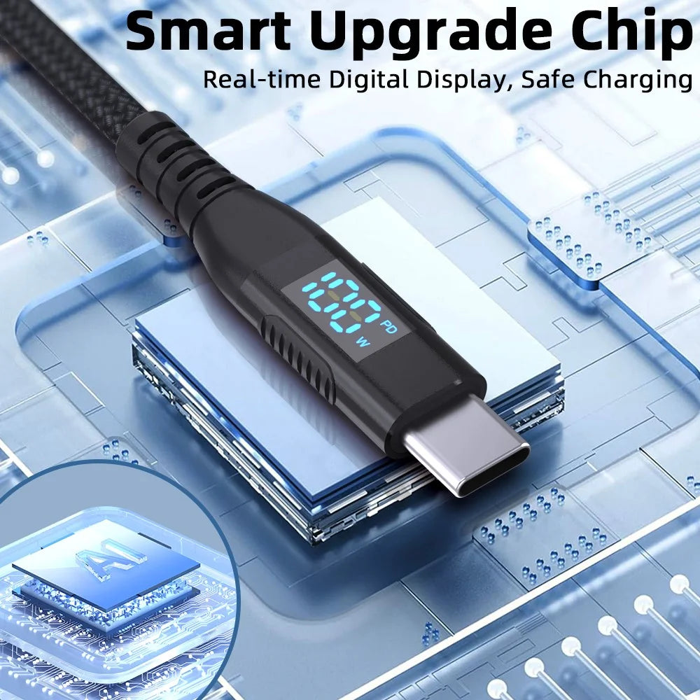 2m USB-C to USB-C Cable 100W 5A / 20V Nylon Braided Phone Tablet Fast Charging Digital Display Cord - Black - 7