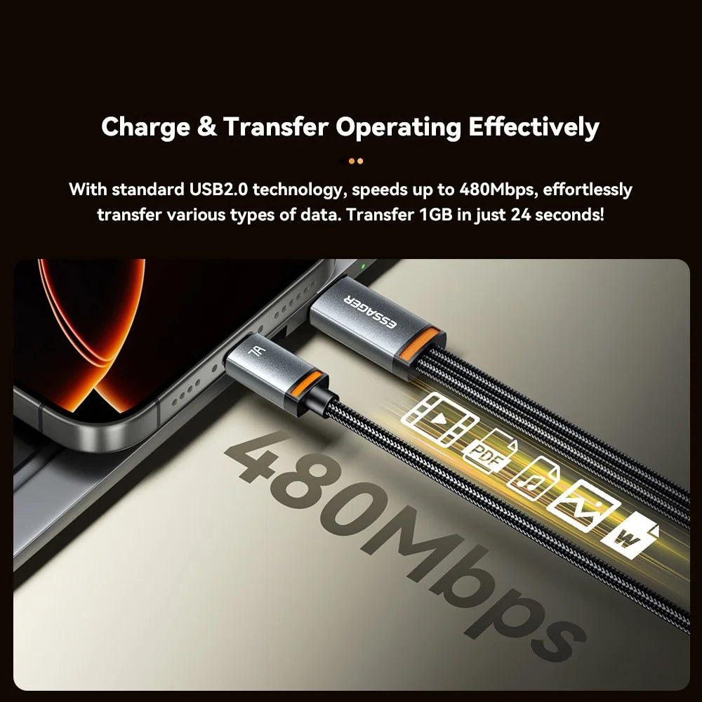ESSAGER 1m USB-A to iP + Type-C Fast Charging Cable 100W PD Sync Data Transfer Cable - Black - 6