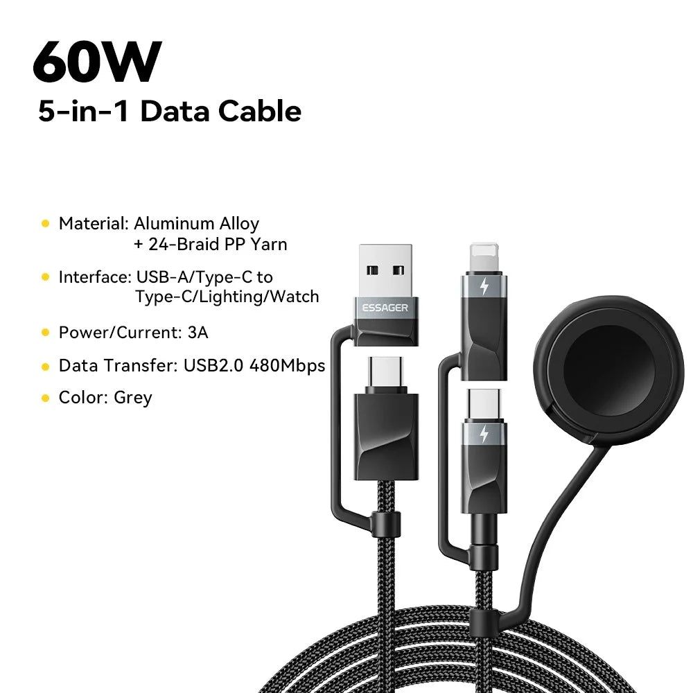 ESSAGER 5 in 1 Charging Cable 2M Fast Charging PD 60W Data Sync 480Mbps Cable for Phone / Tablet / Watch - 2