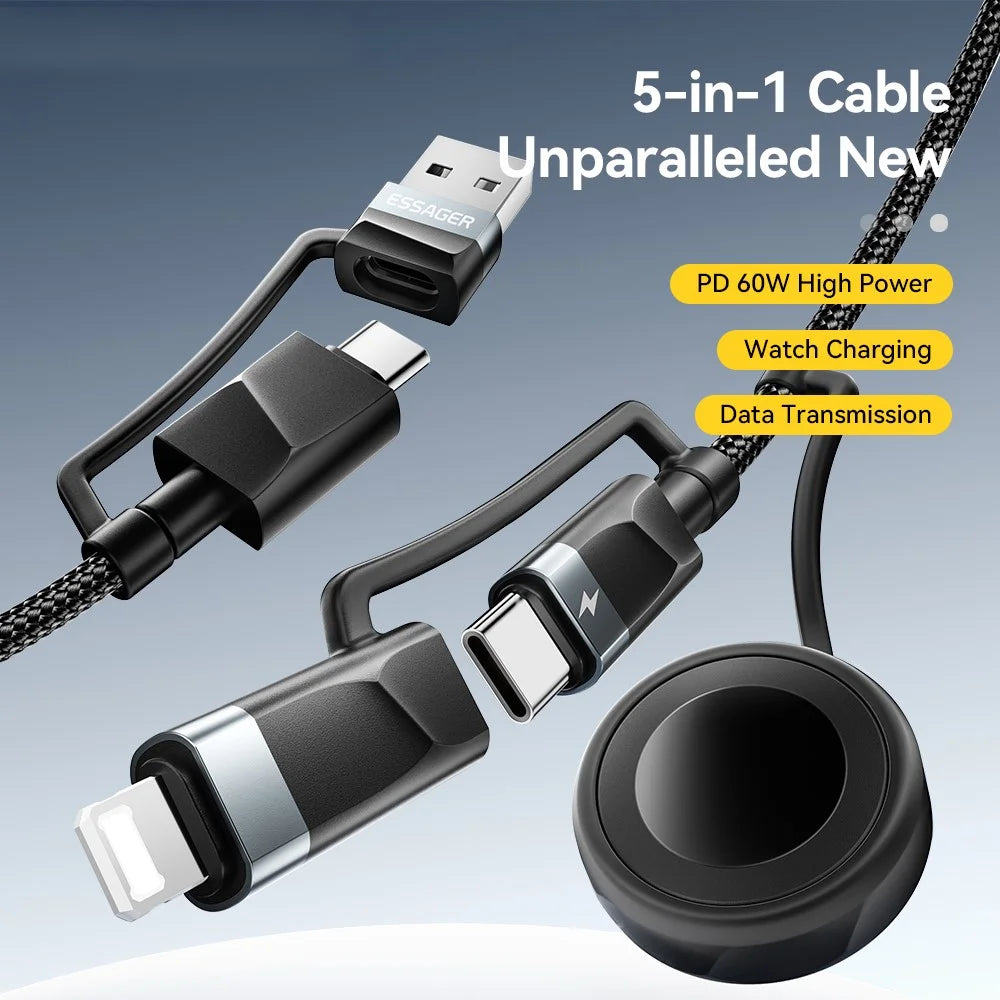 ESSAGER 5 in 1 Charging Cable 2M Fast Charging PD 60W Data Sync 480Mbps Cable for Phone / Tablet / Watch - 4