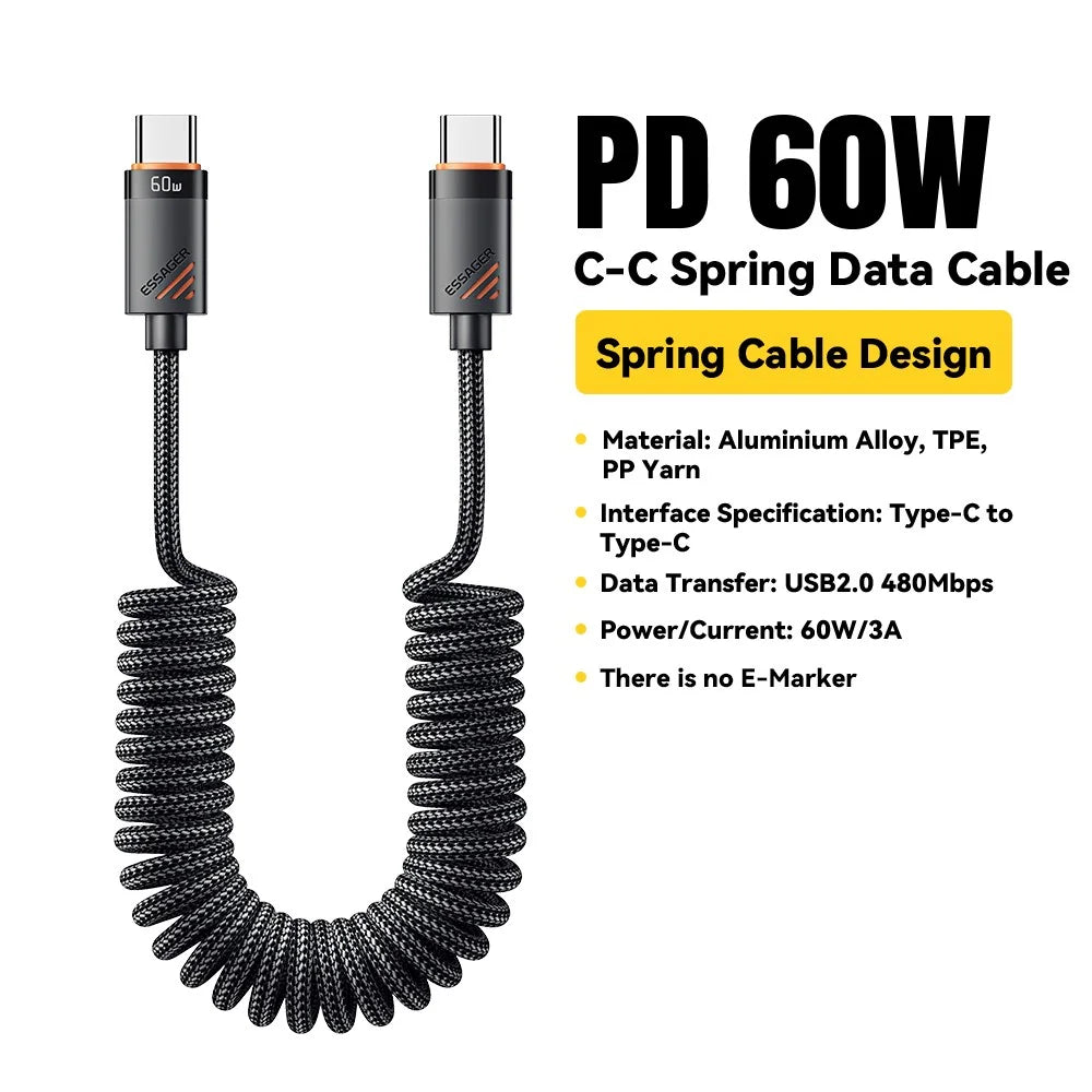 ESSAGER Spring Data Cable Type-C to Type-C 60W Fast Charging Cable 1.2m - 2