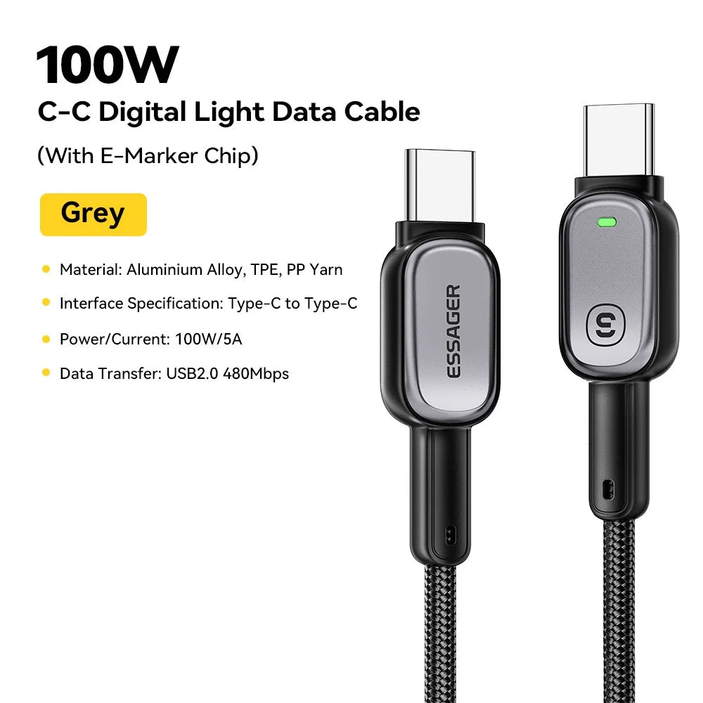 ESSAGER Type-C to Type-C 100W Smart LED Cable Fast Charging Durable Braided Data Cable 1m - 2