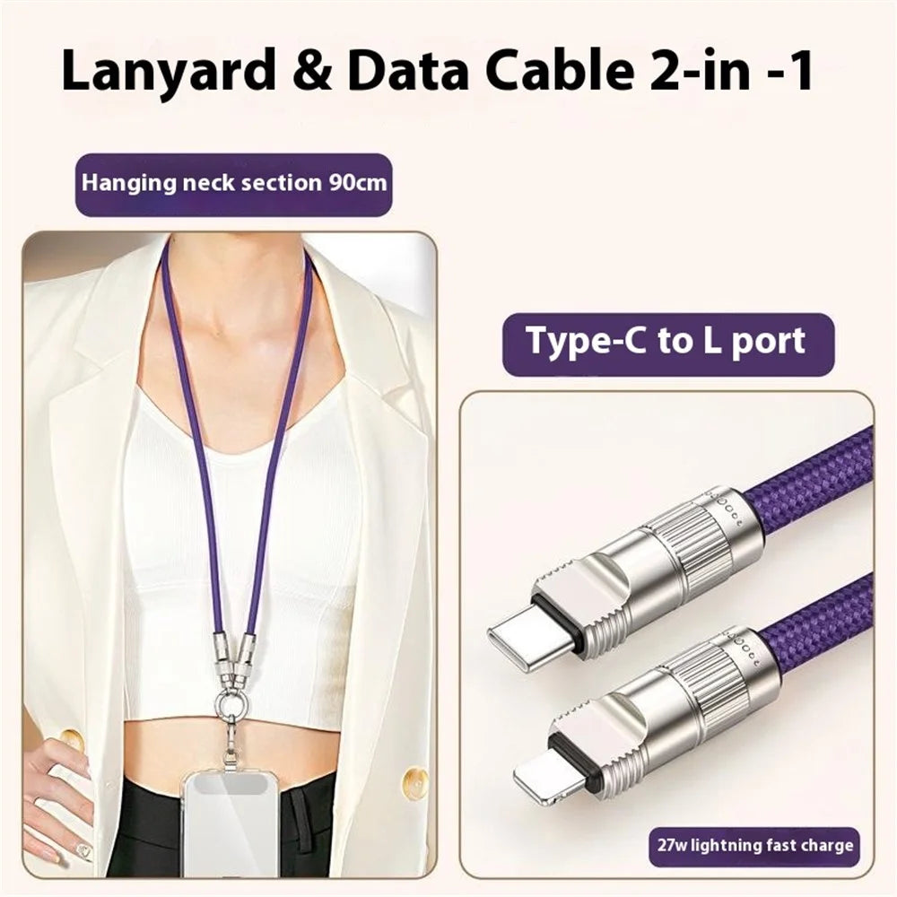 90cm Neck Strap 27W Charging Cable Phone Lanyard Cell Phone Tether with Type-C to L-Port Connector - Purple - 2