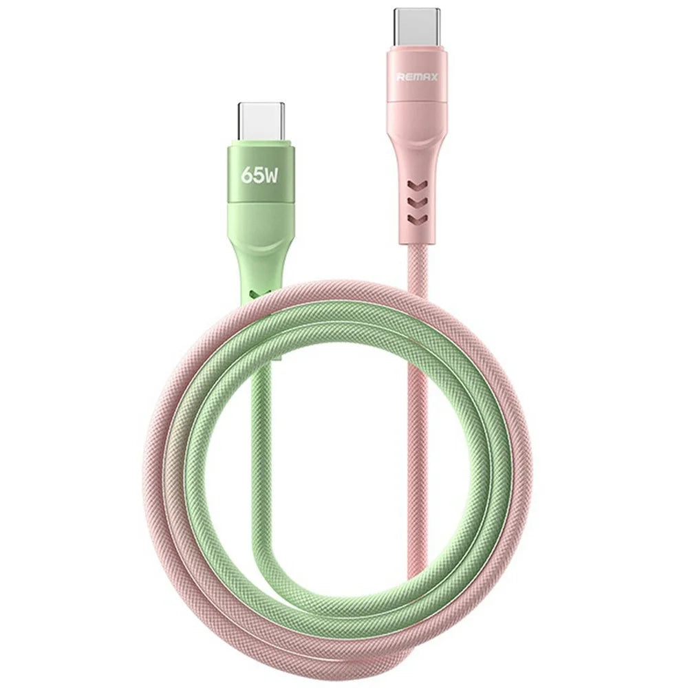 REMAX CB16(C-C) 65W Aluminum Alloy Braided Data Cable 1.2M PD Fast Charging Cable - Pink / Green - 1