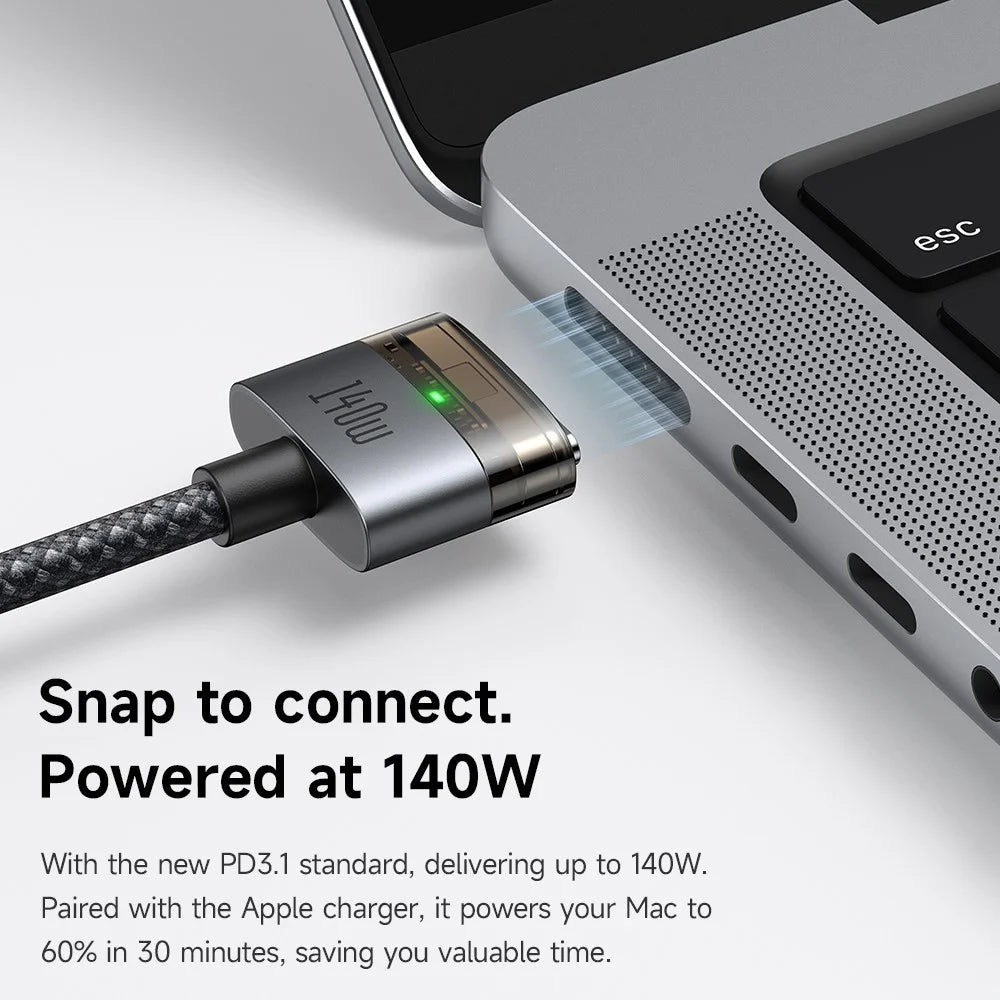 MCDODO CA-207 2m 140W USB C to Compatible with MagSafe 3 Cable with Indicator Light Nylon Braided Charging Cord - Black - 2