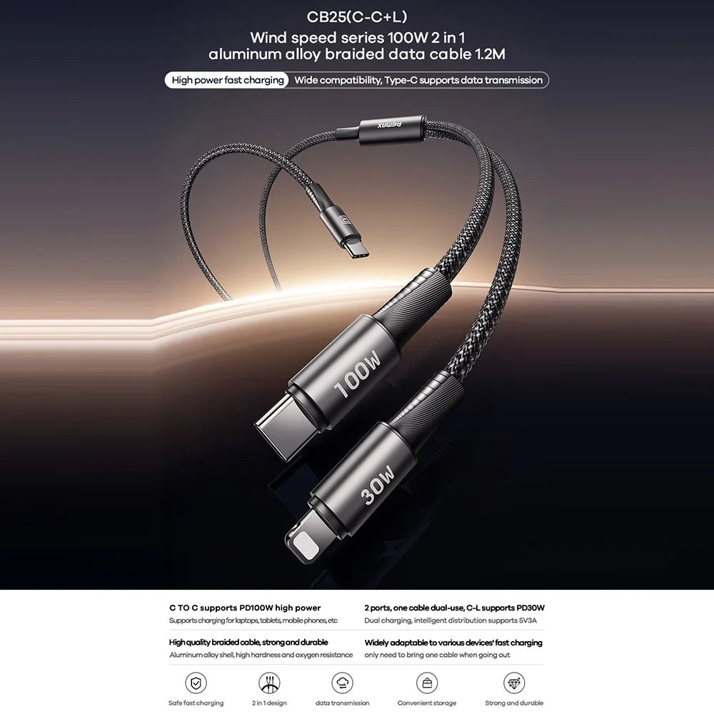 REMAX CB25 100W Dual Port Aluminum Alloy Braided Cable USB-C to USB-C / Lightning 1.2M - 2