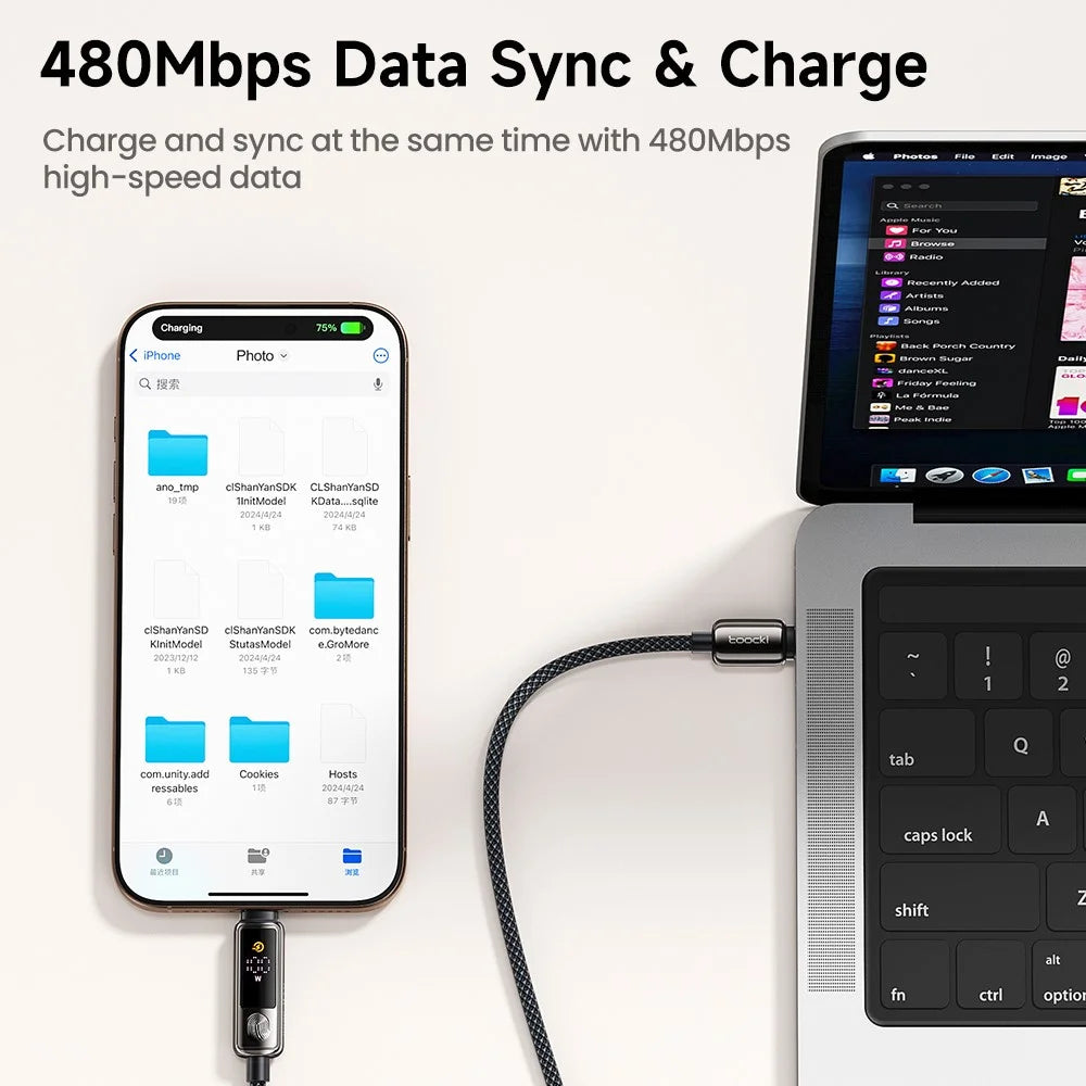 TOOCKI TX107C2 1m 100W Fast Charging USB C to USB C Cable Touch Control LED Display Data Sync Cord - 7