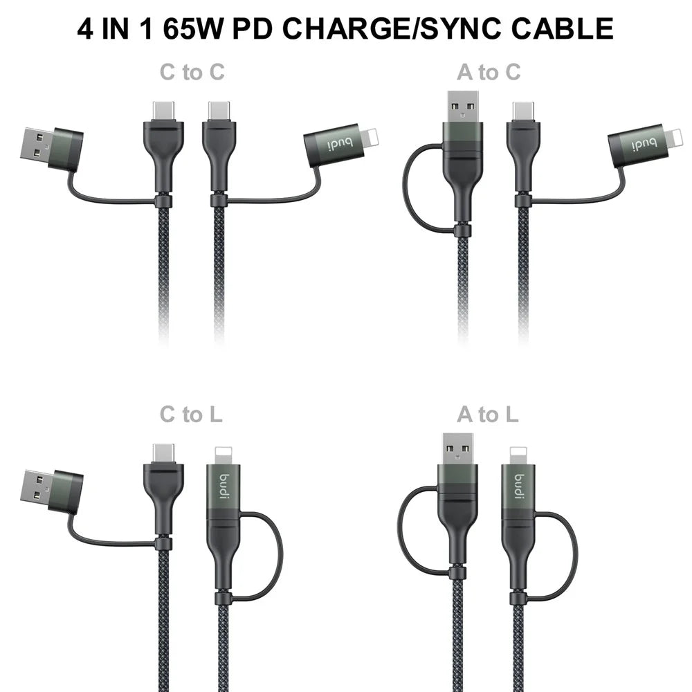 BUDI DC259ATTL12B 4 in 1 1.2m PD 65W USB / Type-C to iP / Type-C Charge Cable Fast Charging Cable - Black - 3