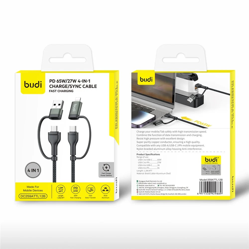 BUDI DC259ATTL12B 4 in 1 1.2m PD 65W USB / Type-C to iP / Type-C Charge Cable Fast Charging Cable - Black - 7