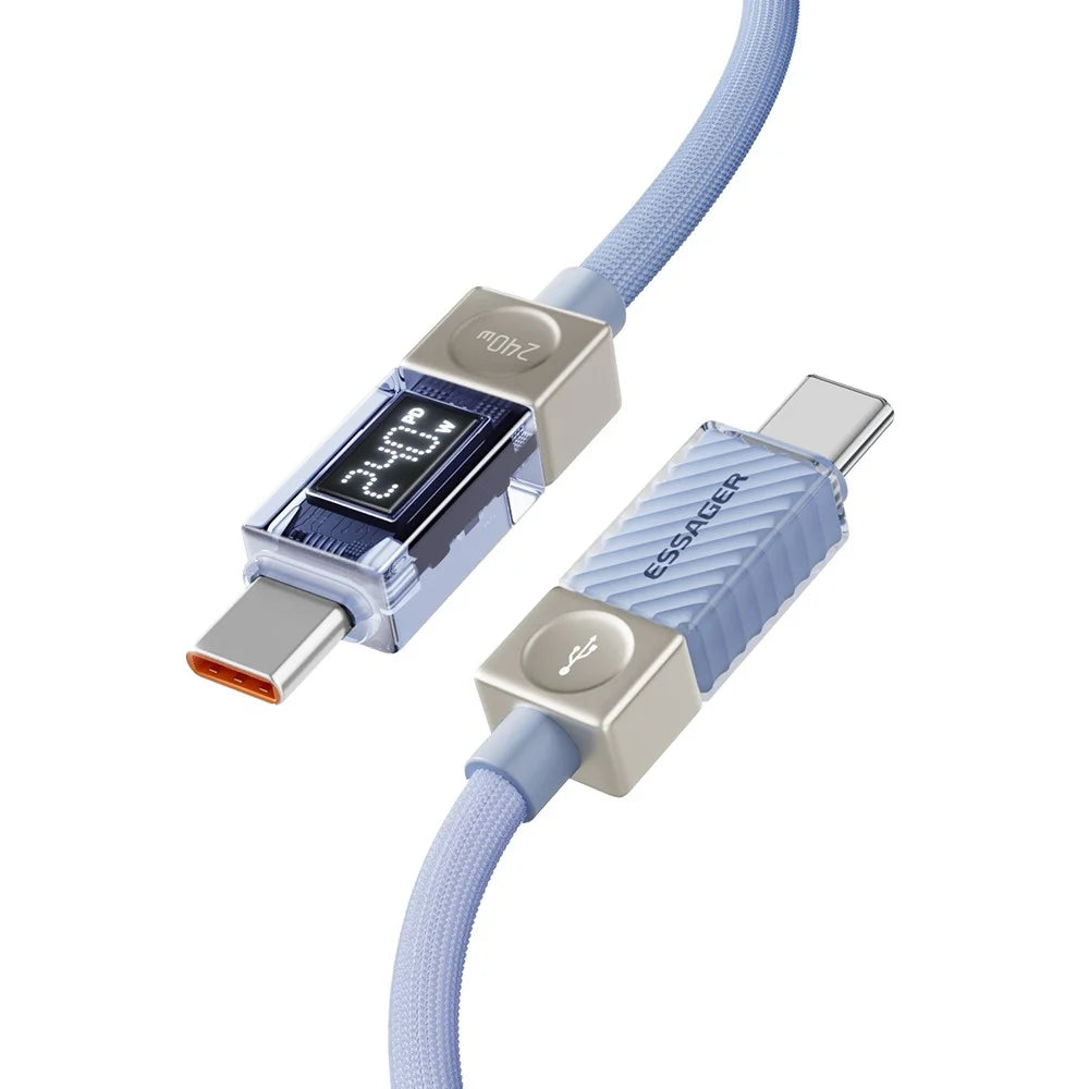 ESSAGER 1m Type-C to Type-C Charging Cable 100W Transparent Digital Display Data Cable - Blue - 4