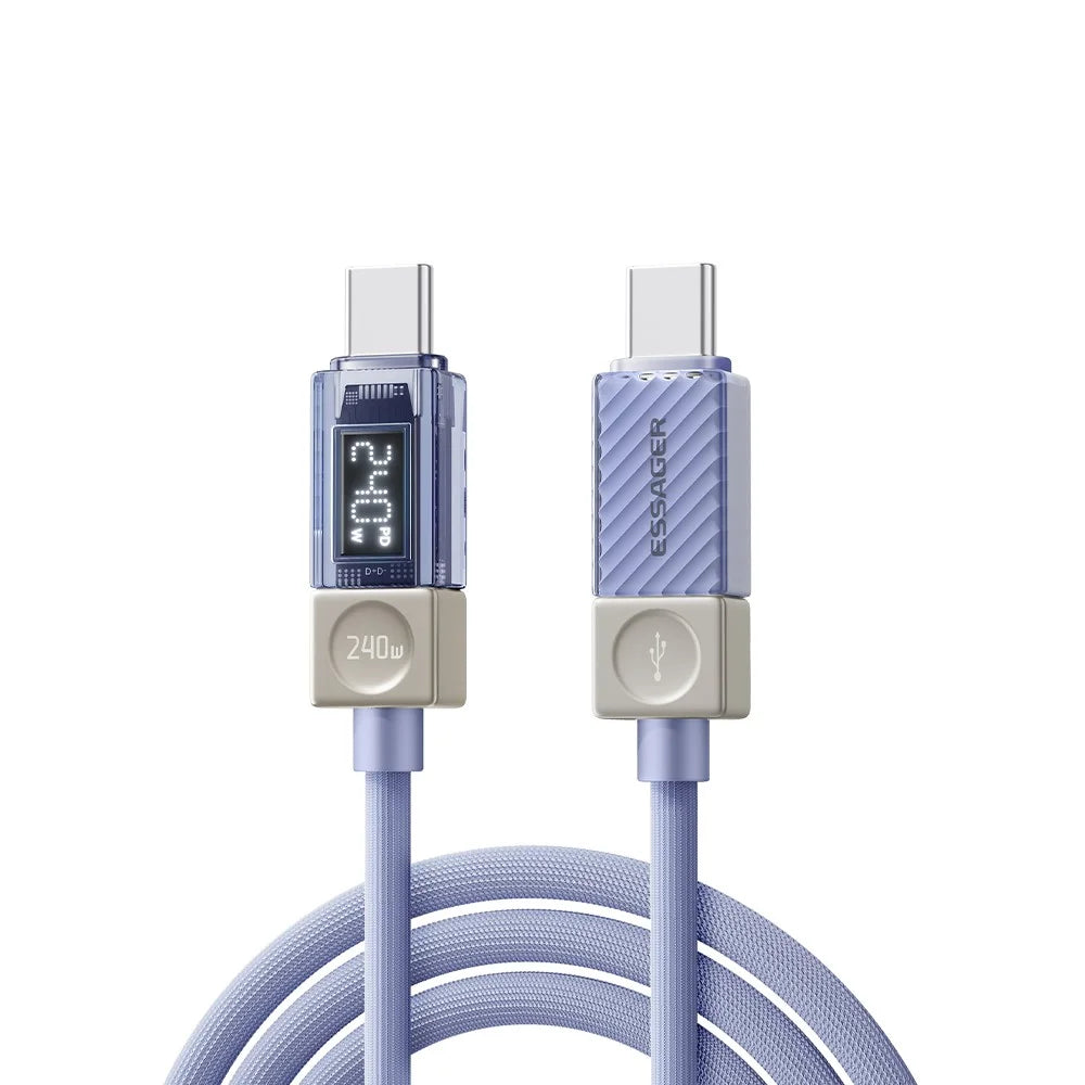 ESSAGER 2m 240W Type-C to Type-C Fast Charging Cable Clear Digital Display Data Cable - Blue - 1