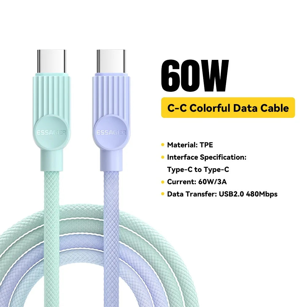 ESSAGER ES-X73 2m USB-C to USB-C Cable 60W Fast Charging Data Cable Smart Chip Control - Purple / Green - 2