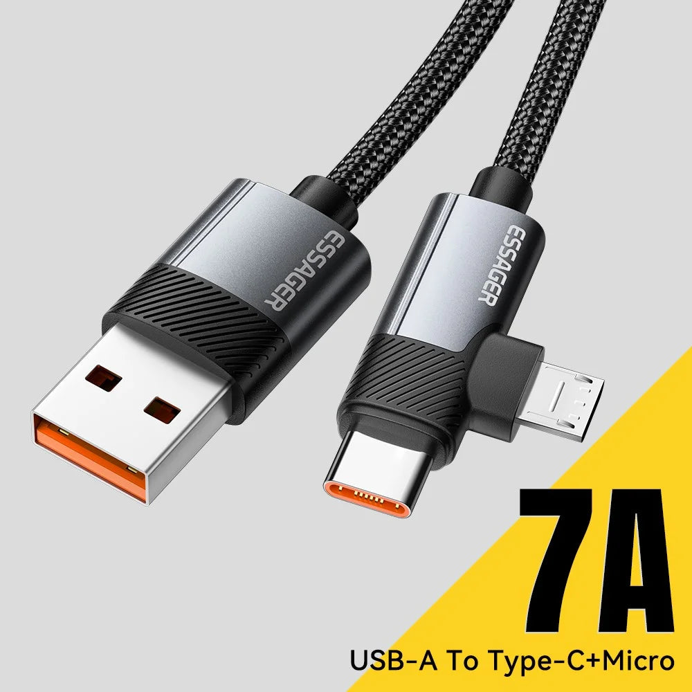 ESSAGER 1m USB-A to USB-C / Micro 480Mbps Data Sync Cord 7A 100W Fast Charging Cable - 3
