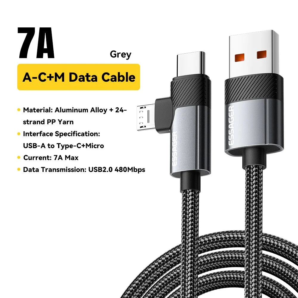 ESSAGER 2m USB-A to USB-C / Micro 480Mbps Data Sync Cord 7A 100W Fast Charging Cable - 3