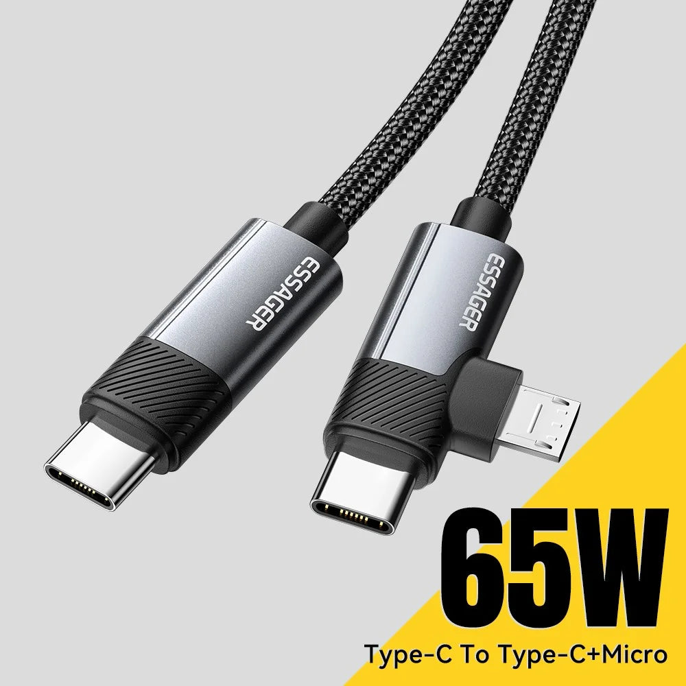 ESSAGER 1m C-C+M 65W Aluminum Alloy Data Cable Type-C to Type-C+M Fast Charging Cable - Grey - 3