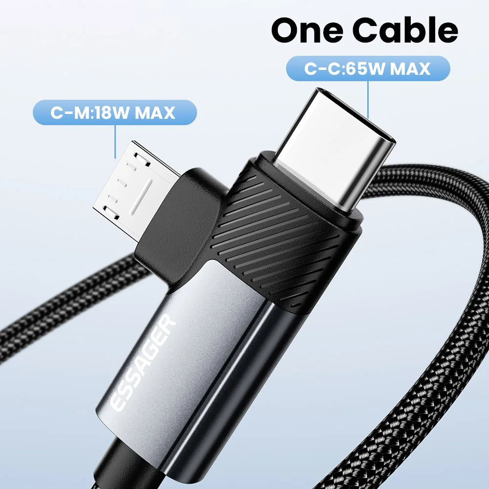 ESSAGER 1m C-C+M 65W Aluminum Alloy Data Cable Type-C to Type-C+M Fast Charging Cable - Grey - 6