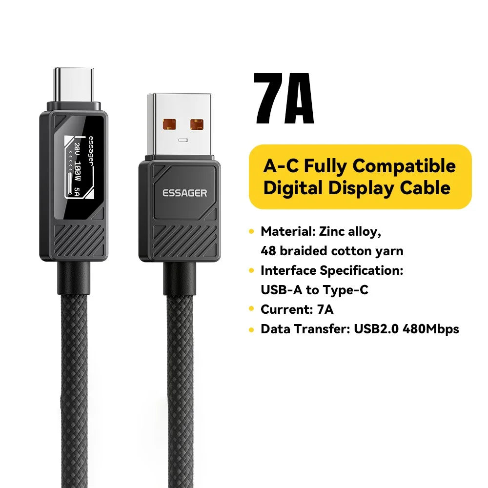 ESSAGER USB-A to USB-C Cable 7A 100W Digital Display Fast Charging Data Cable 0.25m - 3