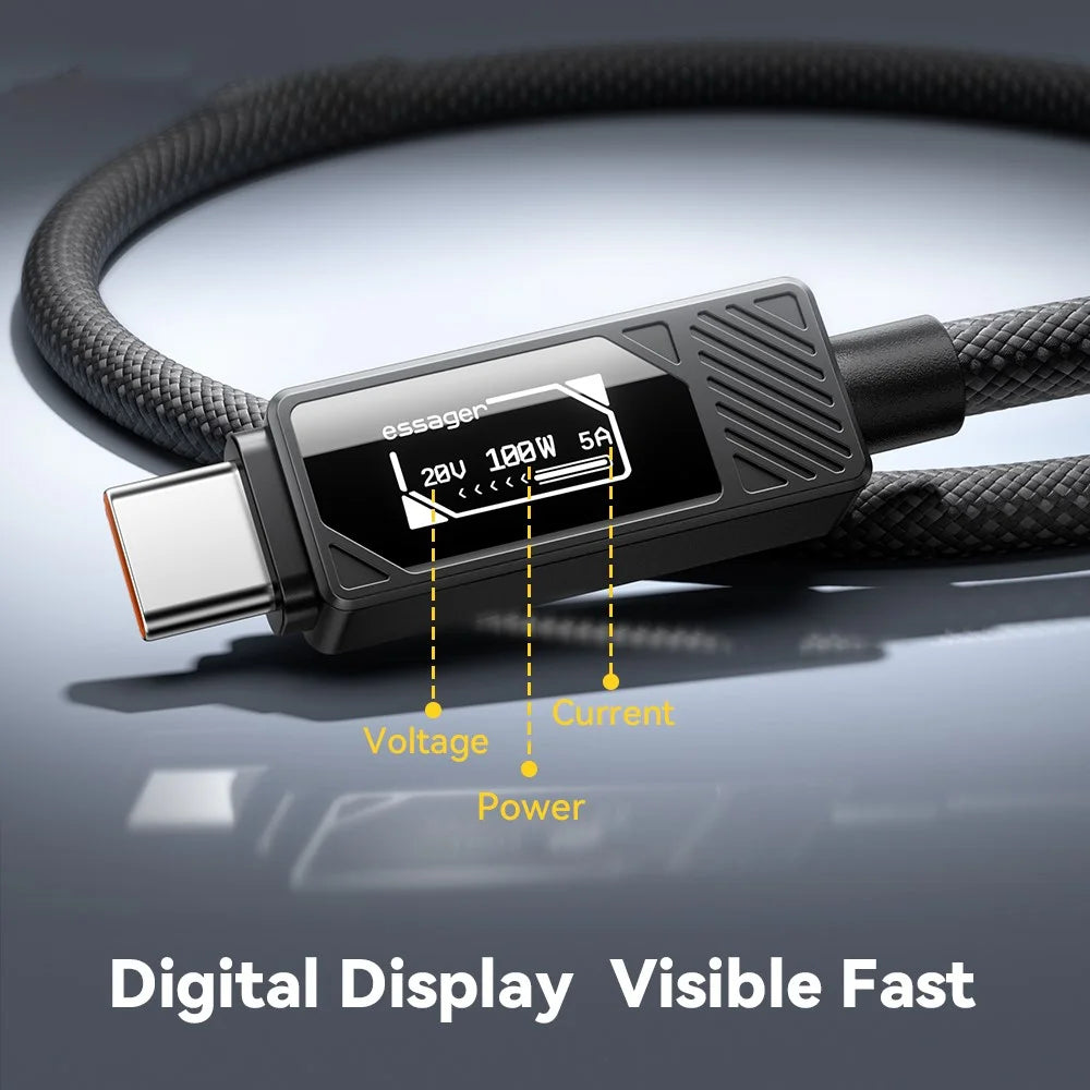 ESSAGER Smart Display USB-A to USB-C Cable 7A Fast Charging 100W Power Delivery Data Cable 2m - 6