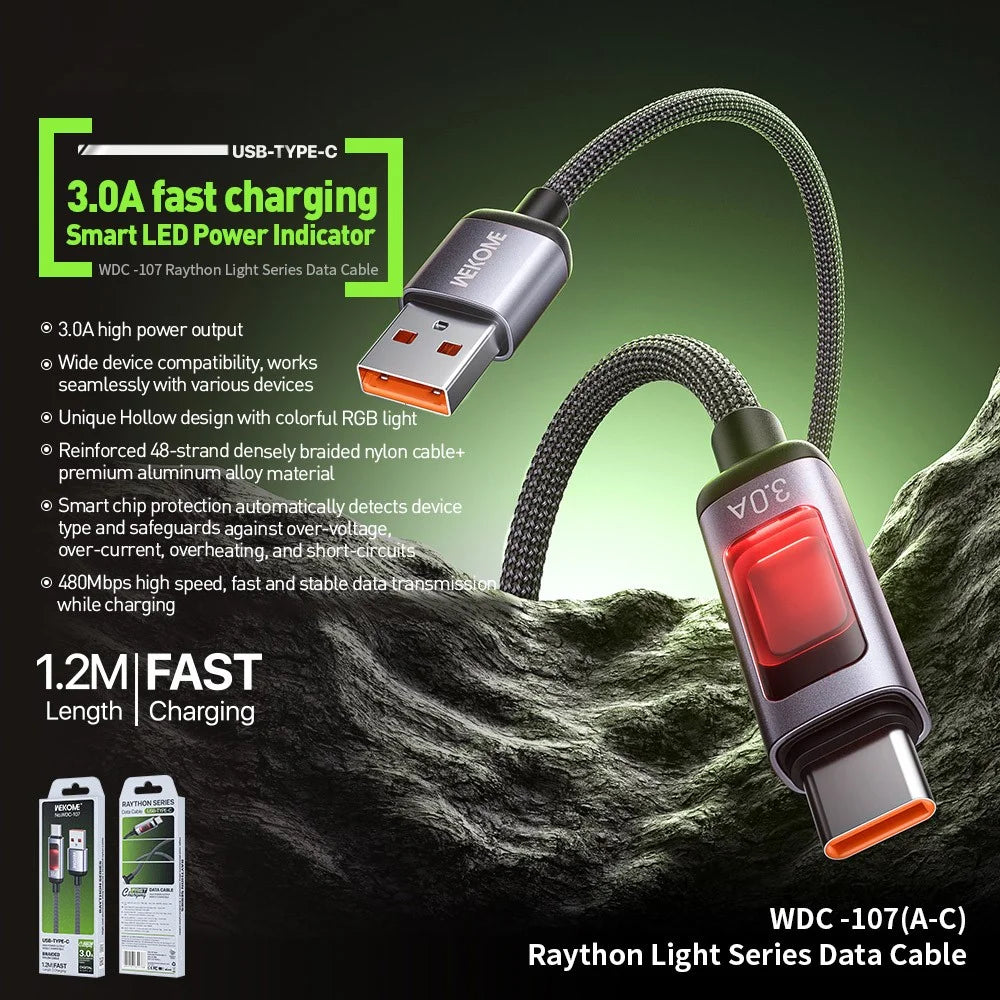 WEKOME WDC-107 1.2m 3.0A Fast Charging USB to Type-C Charger Cable 480Mbps Data Transfer Cable for Phone / Tablet - Black - 2