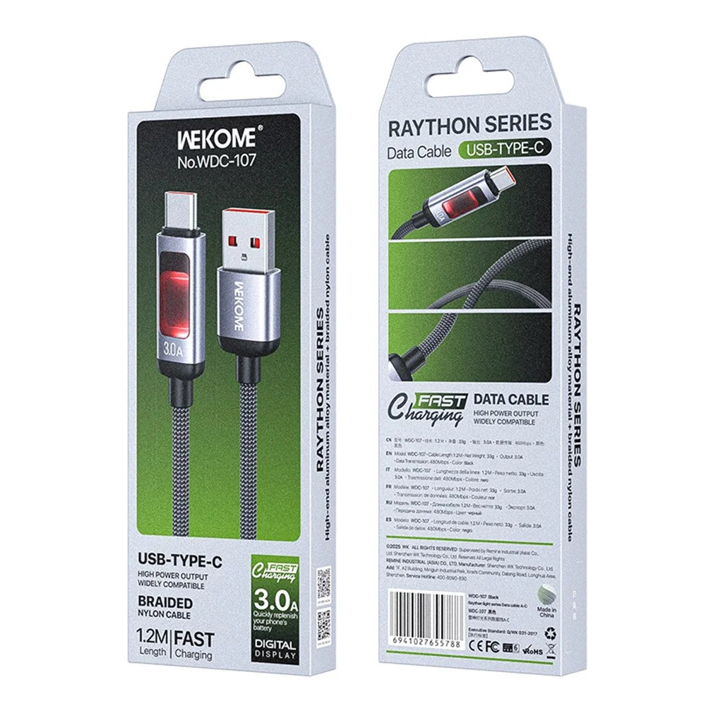 WEKOME WDC-107 1.2m 3.0A Fast Charging USB to Type-C Charger Cable 480Mbps Data Transfer Cable for Phone / Tablet - Black - 3
