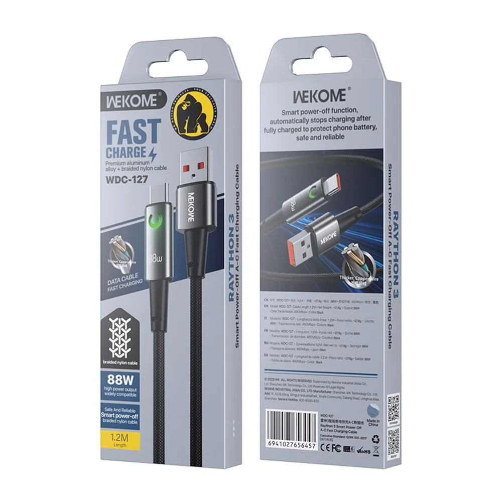WEKOME WDC-127 Raython 3 Smart Power-Off USB-A to Type-C Fast Charging Cable 88W High Speed Data Cable - 4