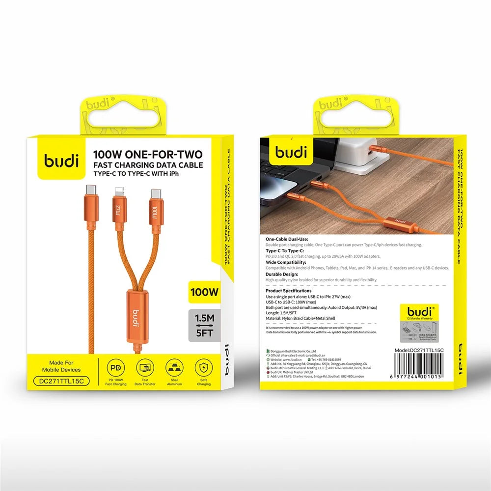 BUDI DC271TTL15C 1.5m USB-C to USB-C / iP Nylon Braided Data Cord 100W Fast Charging Cable - 3