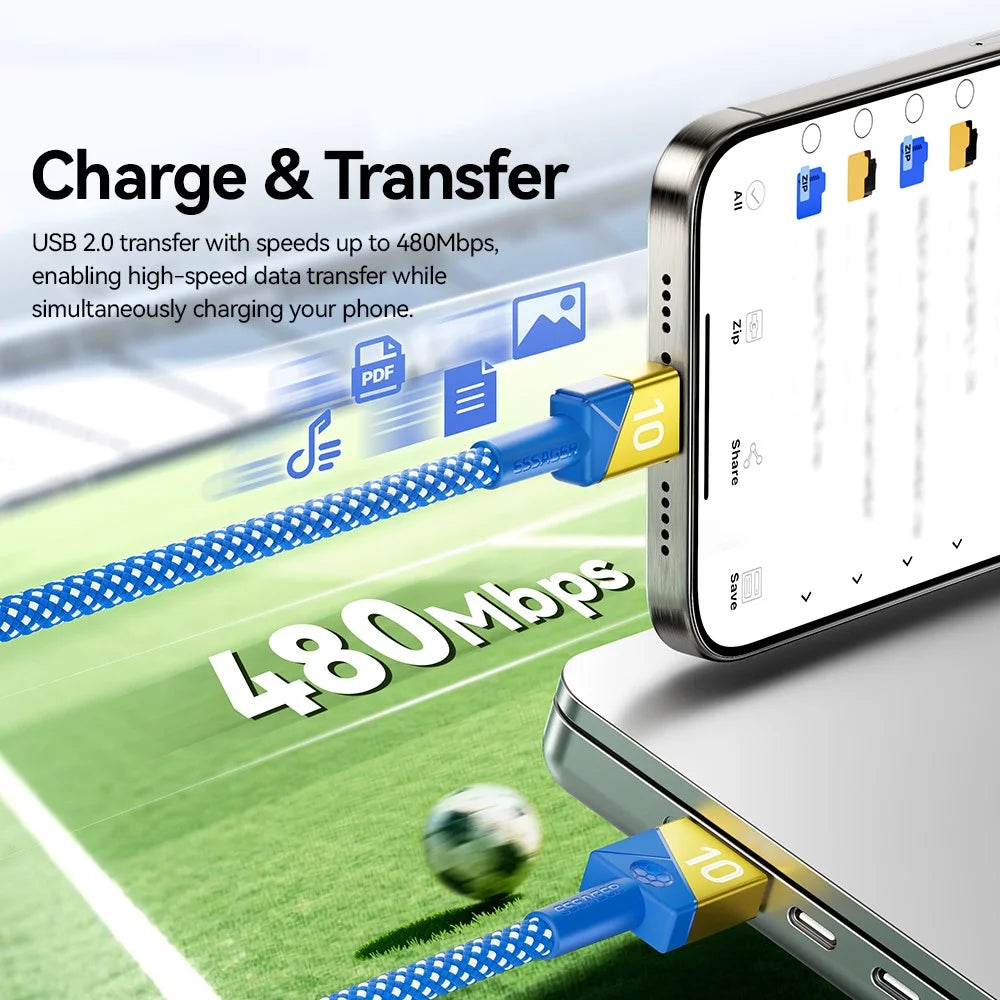ESSAGER 2m Football Theme 7A Fast Charging Cable USB-A to USB-C Data Cord for Huawei Samsung Xiaomi - Sapphire - 7
