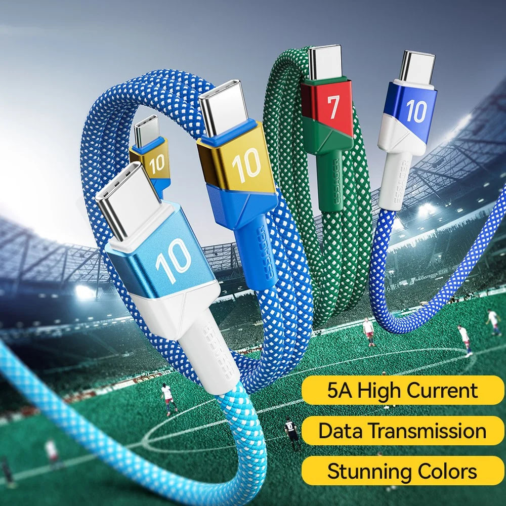 ESSAGER 1m Football Theme USB-C to USB-C 100W Fast Charging Data Cable for Huawei Samsung Xiaomi - Sapphire - 5