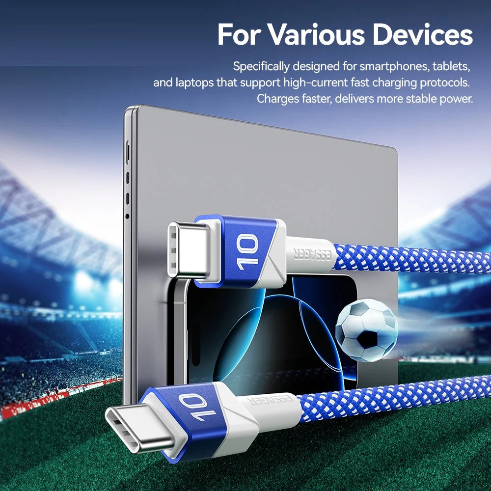 ESSAGER 1m Football Theme USB-C to USB-C 100W Fast Charging Data Cable for Huawei Samsung Xiaomi - Sapphire - 6