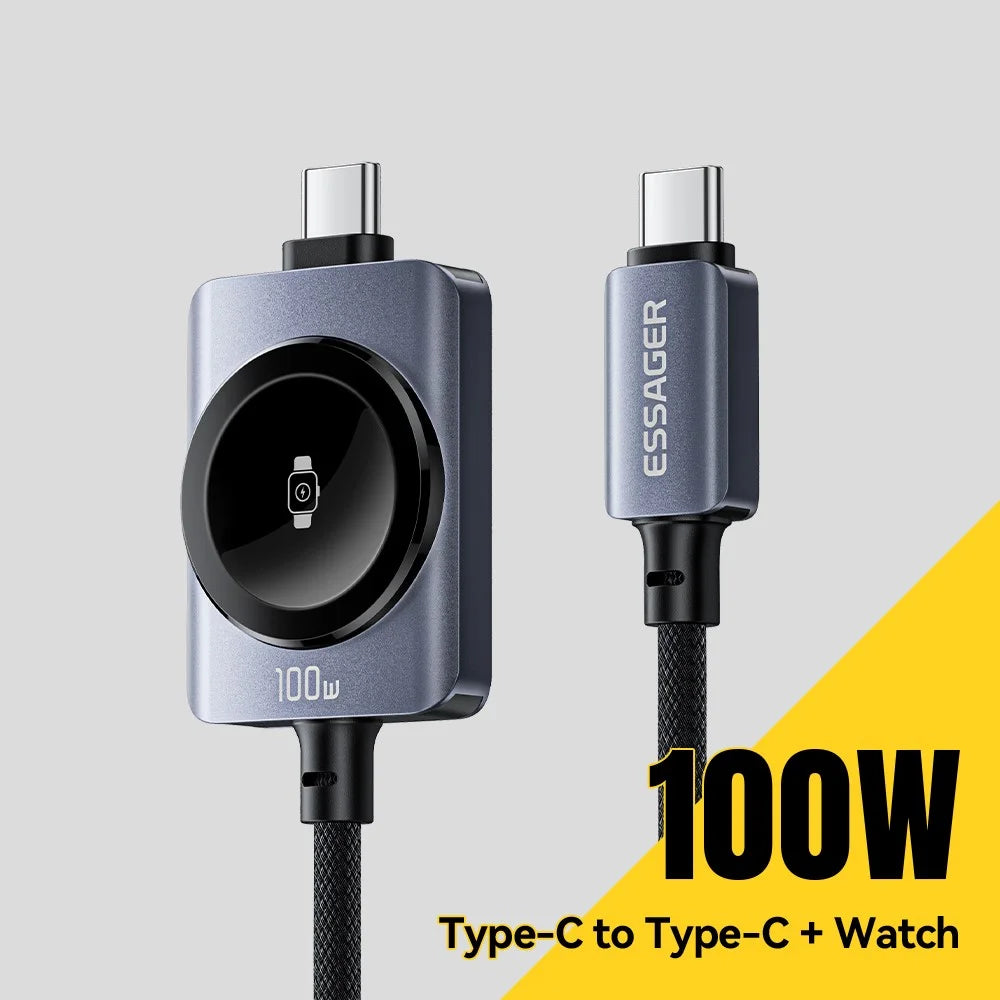 ESSAGER 2 in 1 100W Fast Charging Type-C to Type-C + Magnetic Wireless Charger for Apple Watch with 1m Cable - Grey - 3