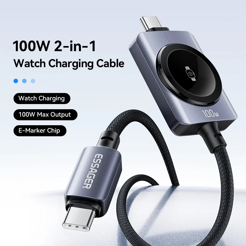 ESSAGER 2 in 1 100W Fast Charging Type-C to Type-C + Magnetic Wireless Charger for Apple Watch with 1m Cable - Grey - 5