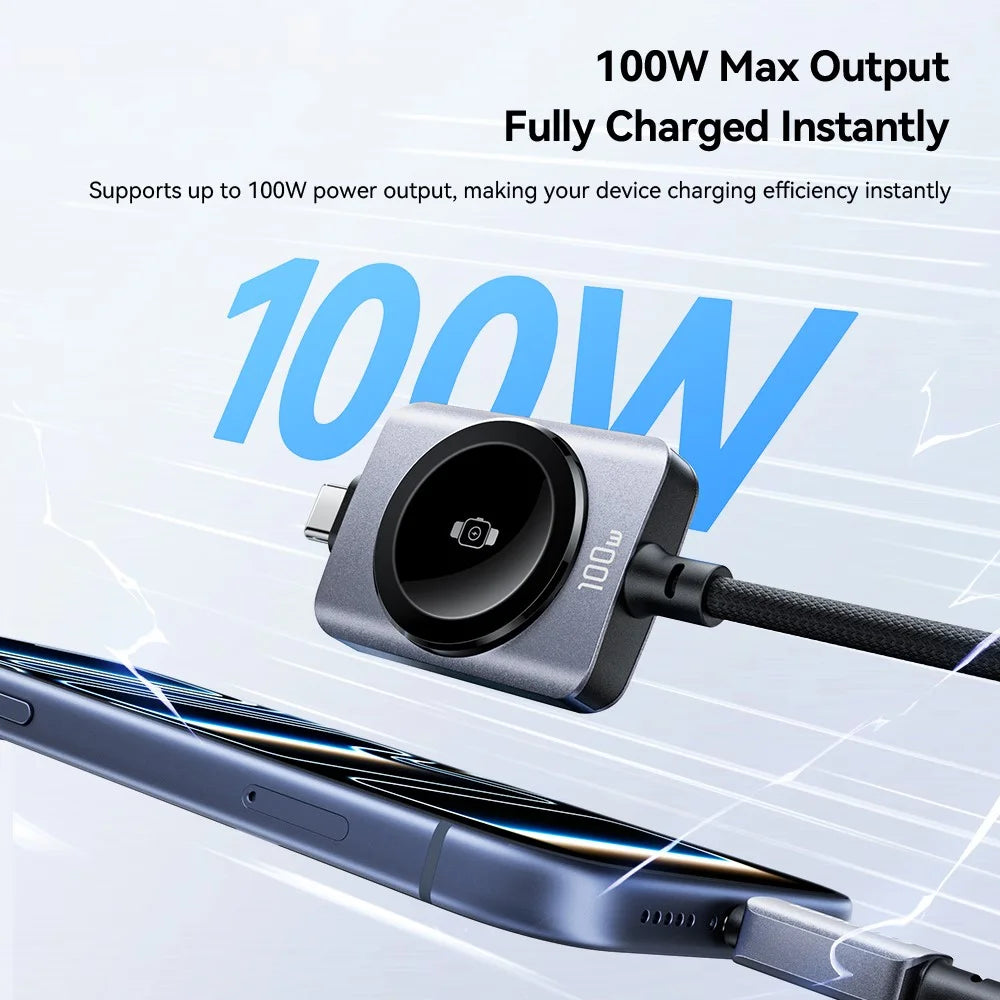 ESSAGER 2 in 1 100W Fast Charging Type-C to Type-C + Magnetic Wireless Charger for Apple Watch with 1m Cable - Grey - 7