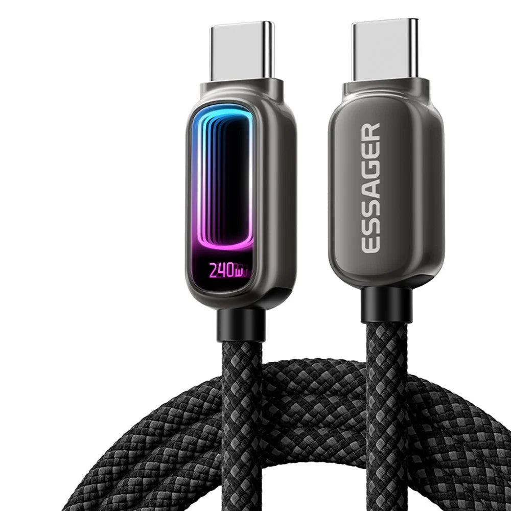 ESSAGER 2m 240W Fast Charging USB-C to USB-C 480Mbps Data Cable with Dynamic RGB Breathing Light - Tarnish - 1