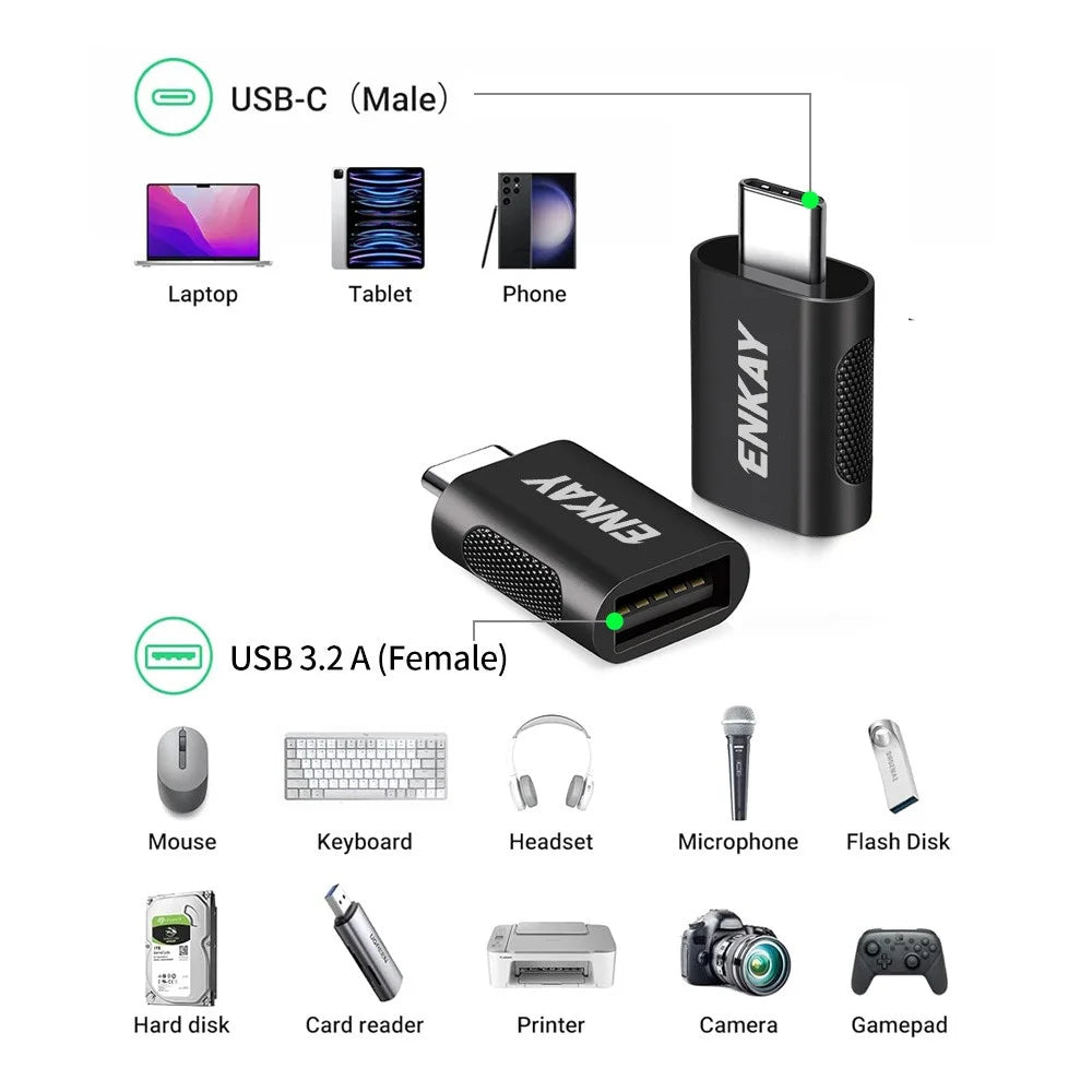 ENKAY ENK-AT131 USB-C Male to USB-A 3.2 Female Adapter 10Gbps 60W Fast Charging Zinc Alloy OTG Converter - Grey - 6